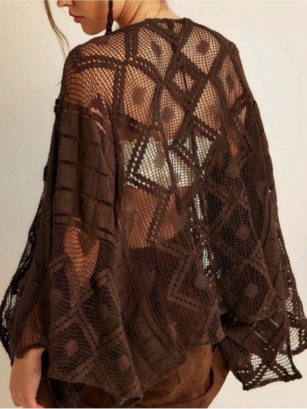 Free People Off The Coast Crochet Layer Chocolate Brown Boho Kimono NWT OS
